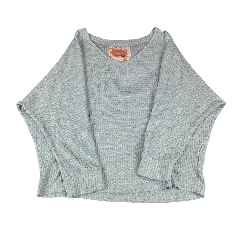 Anthropologie Waffle Knit Top Women L Sage Green Batwing V-Neck Oversized Cozy